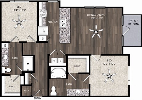 Floor plan for 2 beds, 2 baths, 1221 sqft